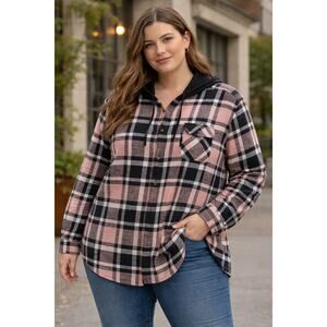 Women’s Sonoma Plaid Hooded Flannel Shirt 2X Pink Black